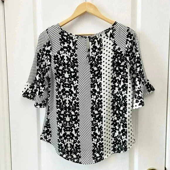 Ricki’s Blouse Short Sleeve Sheer  Flowy Ruffle Sleeves Black White Size Small - Picture 3 of 14